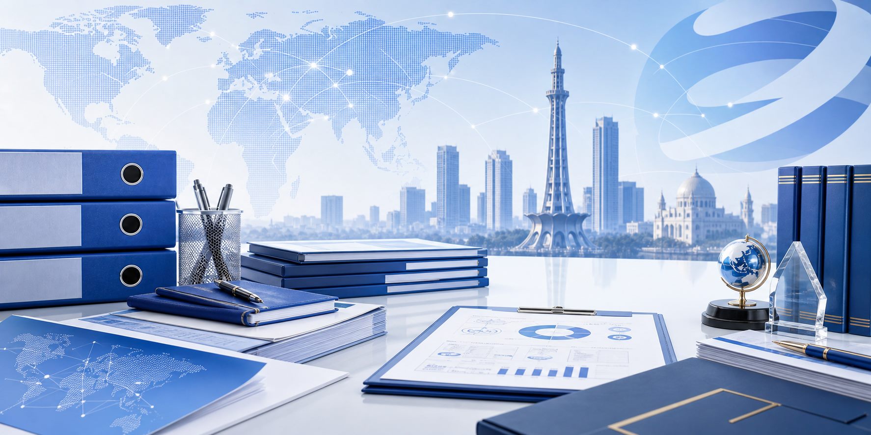 GPS professional services visual with documentation, charts, and corporate identity materials
