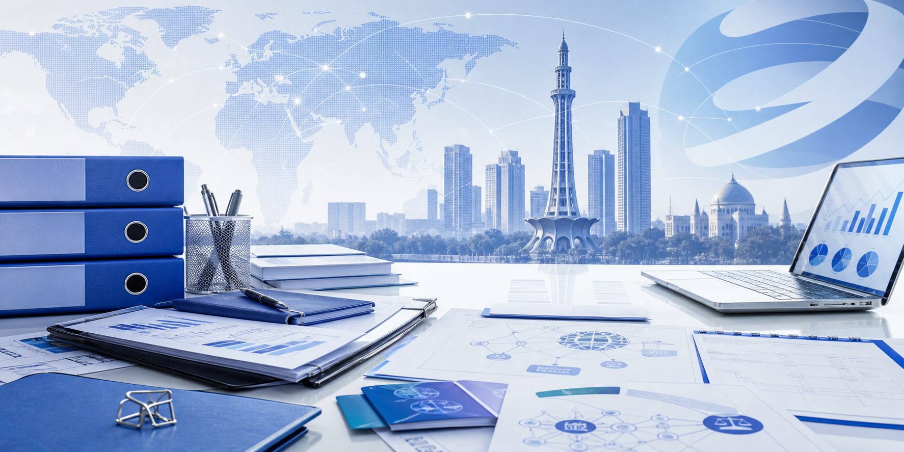 Corporate documents, legal support folders, charts, and global business network visual